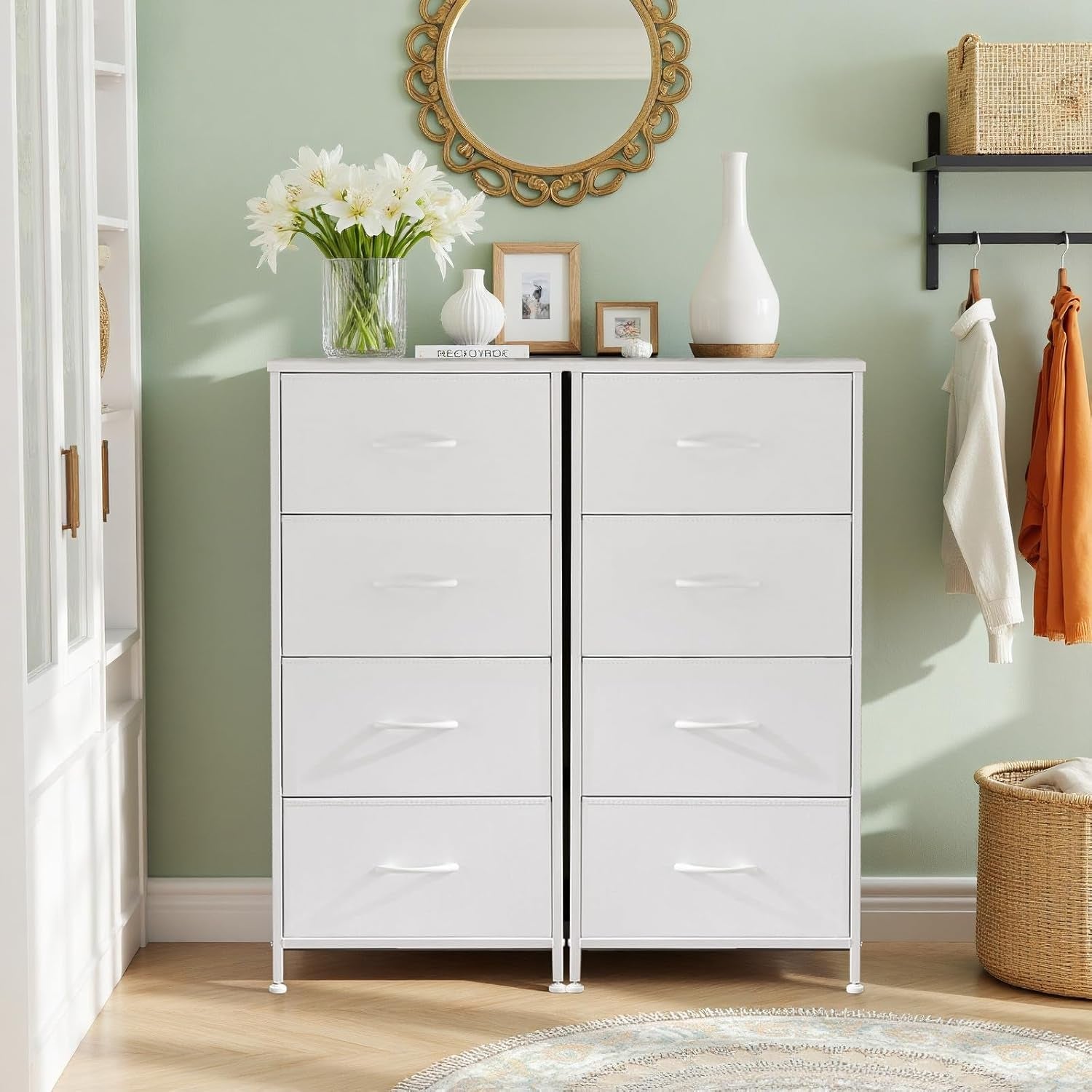 Nightstand, 4 Drawer Dresser End Table Bedside Furniture with Wooden Top Steel Frame Fabric Bins for Bedroom, Closet, Entryway, Dorm, Living Room, White