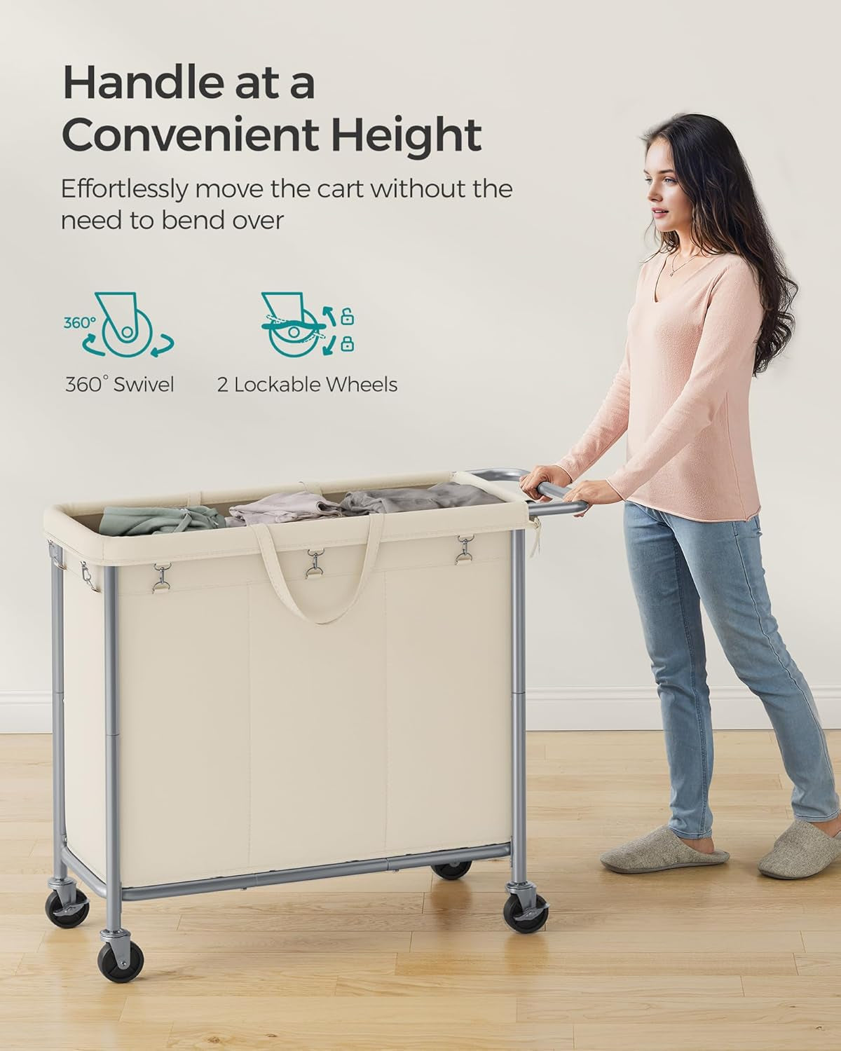 Laundry Basket with Wheels, 3-Section Rolling Laundry Hamper, 52.8 Gallons (200L), Removable Liner, Steel Frame with Handle, Blanket Storage, 35.8 X 15.4 X 31.9 Inches, Cream White URLS005W01