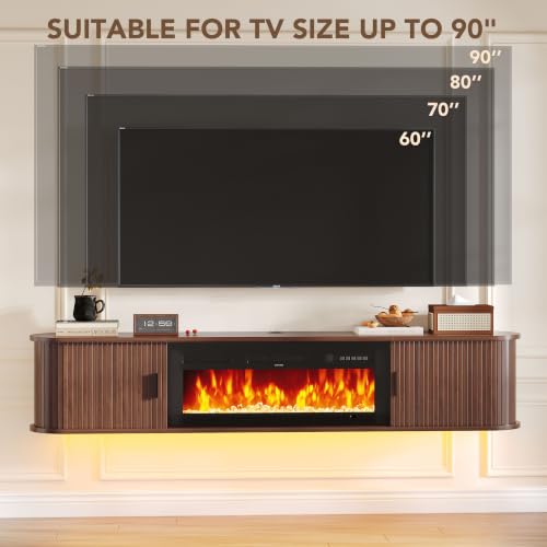 80" Floating TV Stand with Electric Fireplace, Wall Mounted Fireplace TV Stand, view 7
