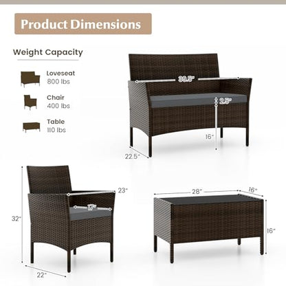 4 Piece Patio Furniture Set, Outdoor Rattan Conversation Set with Loveseat, Wicker Chairs, Tempered Glass Coffee Table, Wicker Patio Set for Backyard, Porch (Grey)
