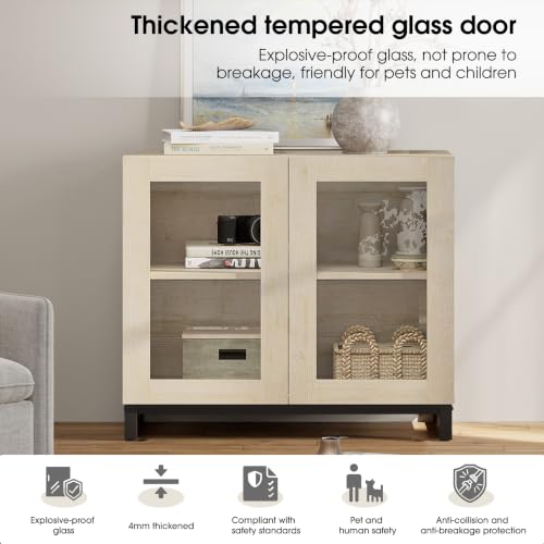 Modern TV Stand with Glass Doors for 40-70 inch TVs, 2 in 1 Entertainment Center Console with Adjustable Shelves and Metal Base for Living Room, Bedroom, Beige