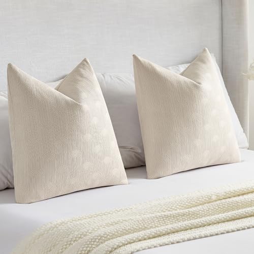 Pack of 2 Chenille Decorative Throw Pillow Covers 18x18 Inch,Soft Cozy Striped Geometric Patterns Cushion Case,Modern Home Decor for Couch Bed Living Room,Beige