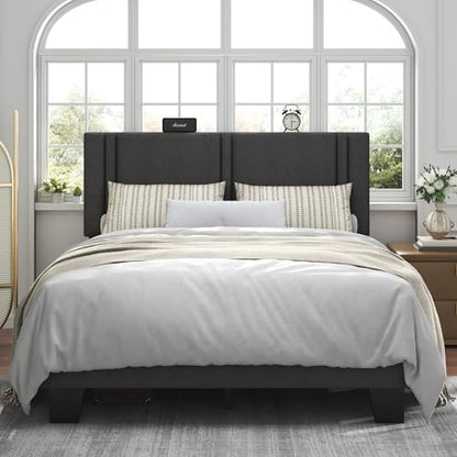 Queen Platform Bed Frame, Fabric Upholstered Queen Bed Frame, view 2
