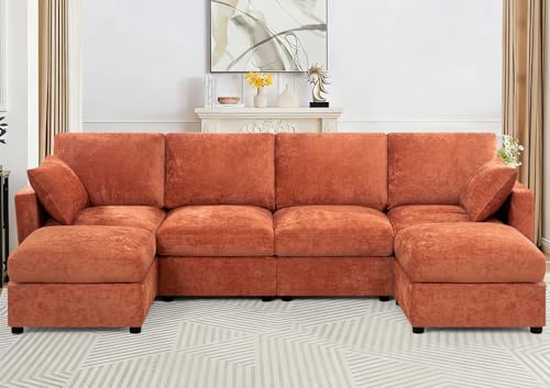 110” Chenille 4-Seats Sofa W/Two Movable Ottomans, Orange | Modern Fabric U-Shaped Couch w/Soft Backrests, Upholstered Sectional Sofa w/Arm Pillows for Living Room, Office