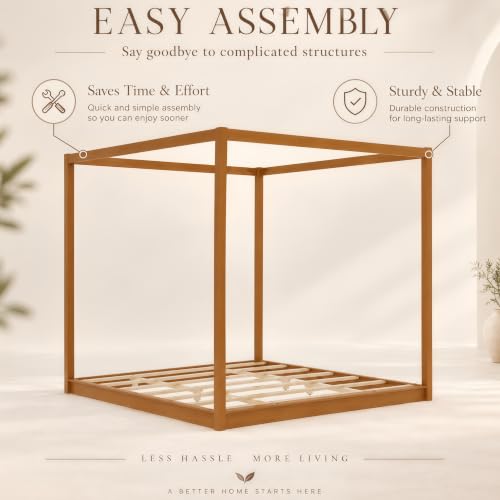 Queen Size Canopy Bed, Wood 4 Poster Floor Bed Frame with Wood Slats Support, view 7