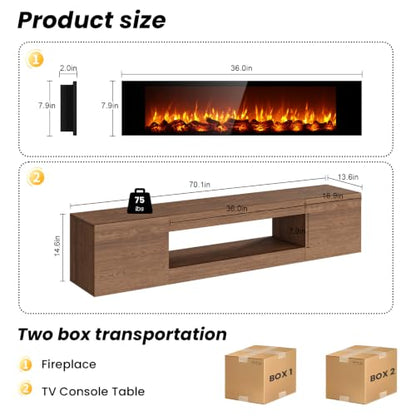 70'' Floating TV Stand with 36" Electric Fireplace, High Glossy, Brown, view 3