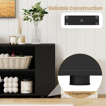 Wood TV Stand for TVs up to 65 Inch Flat Screen, Modern Entertainment Center with 8 Open Shelves, Universal TV Storage Cabinet for Living Room Bedroom, TV Console Table (Pure-Black)
