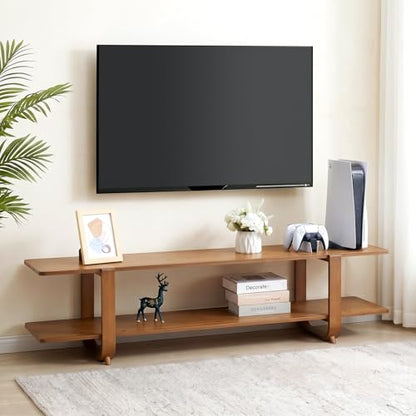 Bamboo TV Stand with Storage for TVs up to 65'', Modern Entertainment Center with 2 Open Shelf, Accent TV Media Console Table for Living Room, Bedroom, 55"(L), Walnut