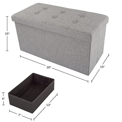 Folding Storage Ottoman - 30-Inch Tufted Footrest, Linen Chest, or Bench with Removable Bin for Living Room, Bedroom, or Dorm (Light Gray)