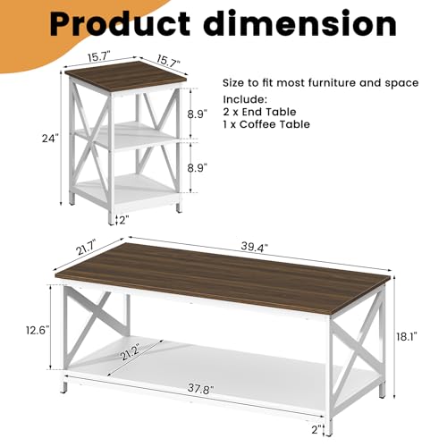 Living Room Coffee Table Set of 3, Industrial X-Design Coffee Table and 2 End Side Tables, 3 Piece Living Room Table Set with Large Storage for Apartment Home (White+Walnut Brown)