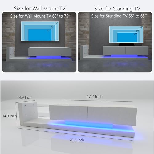 LED TV Stand for 55 65 75 Inch TV, Entertainment Center Equipped with Two Pull-Down Door Storage, 50 60 70 Inch TV Console with Tempered Glass and Power Cord for Living Room, White