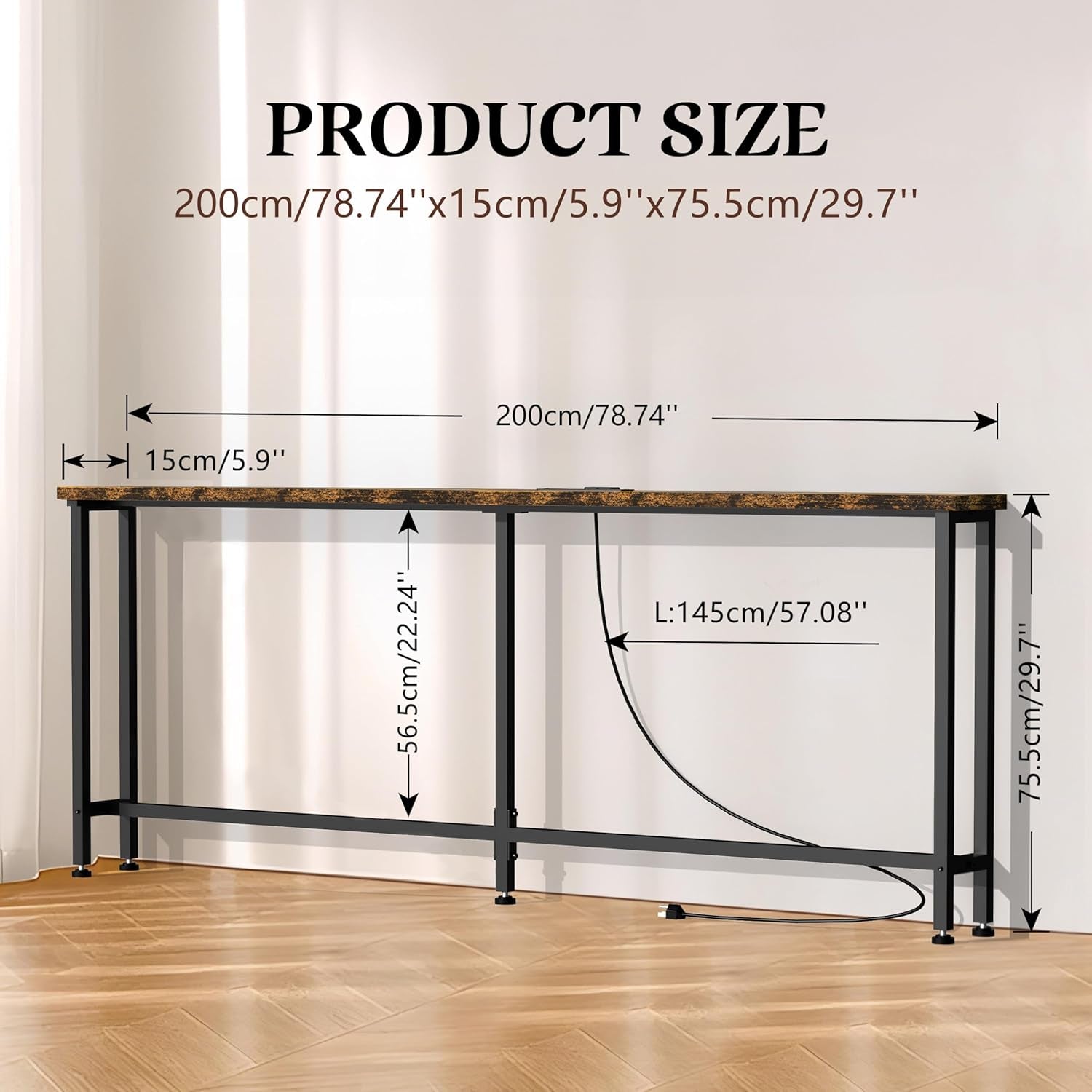 78" Sofa Table with Built-In Power Strip (2 AC Outlets & 2 USB Ports) – 4.9Ft Power Cord, Metal Frame, Easy Assembly, Long Couch Table behind Sofa, Living Room and Home Office | Rustic Brown