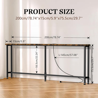 78" Sofa Table with Built-In Power Strip (2 AC Outlets & 2 USB Ports) – 4.9Ft Power Cord, Metal Frame, Easy Assembly, Long Couch Table behind Sofa, Living Room and Home Office | Rustic Brown