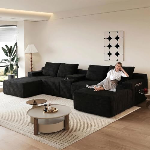 140.6" Oversized U Shaped Black Boneless Sectional Couches for Living Room, Large Cloud Modular Sofa Set with Storage Console, Cup Holder, Side Pockets, Deep Seat No Assembly Corduroy Couch