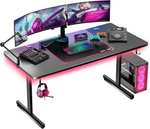 55 Inch Gaming Desk with LED Lights, Large Computer Desk with Mouse Pad for Home Office, T-Shaped Carbon Fibre Surface PC Game Workstations with Headphone Hook
