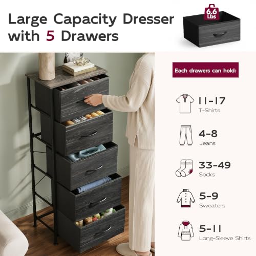 5 Drawer Dresser for Bedroom, Tall Chest of Drawers, Black Wood Grain, view 7
