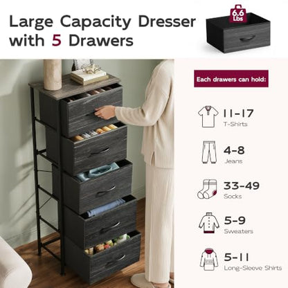 5 Drawer Dresser for Bedroom, Tall Chest of Drawers, Black Wood Grain, view 7