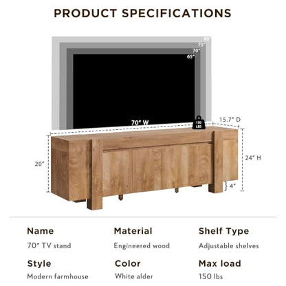 70" Modern Farmhouse TV Stand for TVs up to 80 Inch, Light Knotty, view 3
