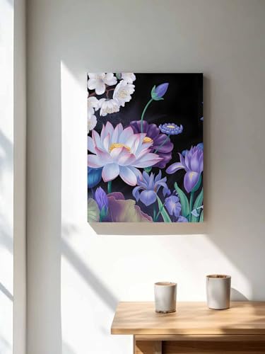 NuYeBiofx Blue Purple Colorful Lotus Canvas Wall Art Prints,48"x32" Framed Picture Artwork Watercolor Flower Leaves Plant Printed Canvas Oil Painting for Living Room Bedroom Office,Ready to Hang
