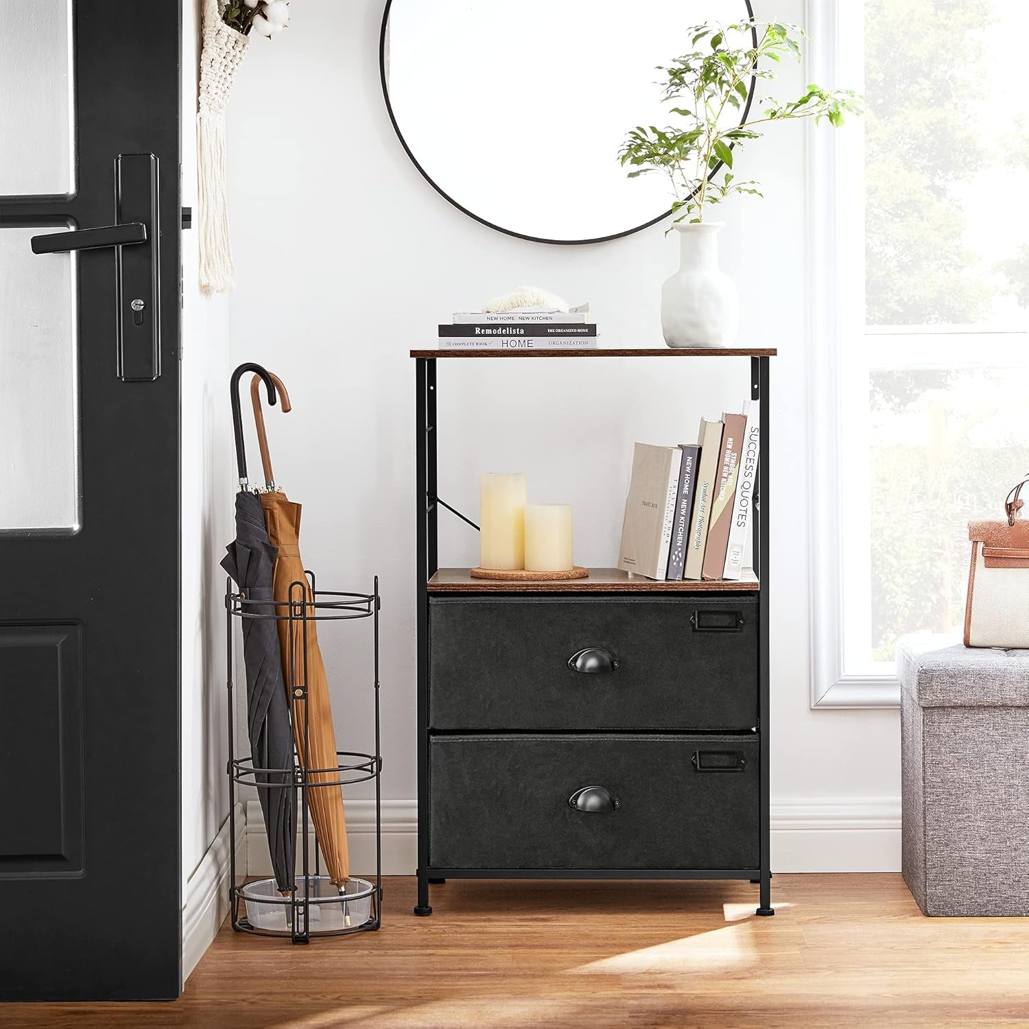 Nightstand, Industrial Bedside Table with 2 Fabric Drawers, Storage Shelves, Vertical Dresser Storage Tower with Wooden Top, Metal Frame, Labels, Rustic Brown and Black ULVT03H