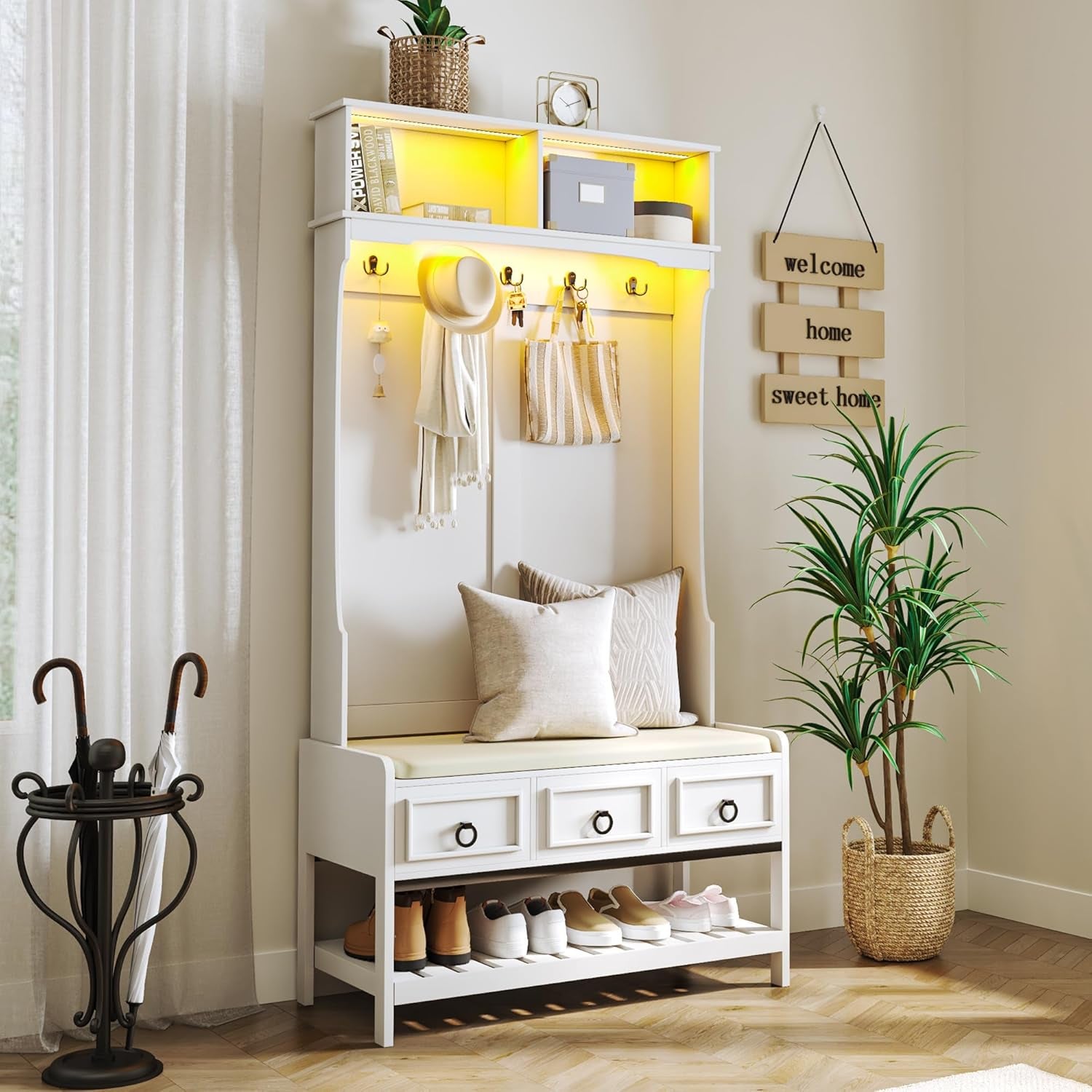 67” Farmhouse Hall Tree with Shoe Storage, Auto Sensor Wood Coat Tree with LED Lights, 3-In-1 Entryway Bench with Coat Rack, Hooks and Drawers for Hallway, Living Room, Bedroom (White)