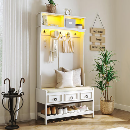 67” Farmhouse Hall Tree with Shoe Storage, Auto Sensor Wood Coat Tree with LED Lights, 3-In-1 Entryway Bench with Coat Rack, Hooks and Drawers for Hallway, Living Room, Bedroom (White)