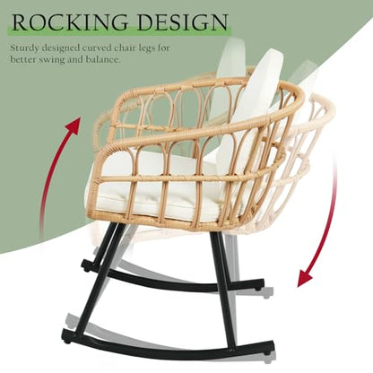 3 Pieces Rocking Chairs Set - Outdoor Wicker Rattan Rocking Chairs with Thickened Cushions, Boho Patio Furniture, Patio Conversation Bistro Sets, for Balcony Garden Porch Living Room