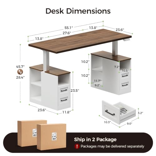 55 Inch Farmhouse Standing Desk with Storage Drawers, Walnut White, view 3