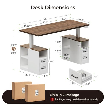 55 Inch Farmhouse Standing Desk with Storage Drawers, Walnut White, view 3