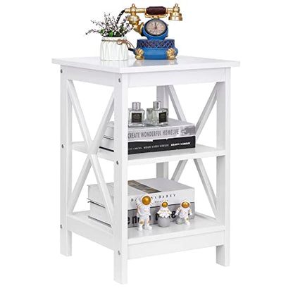 End Table, Sofa Side End Storage Shelf, Versatile X-Design Wooden Side Table, Living Room, Bedroom, Office Furniture, White