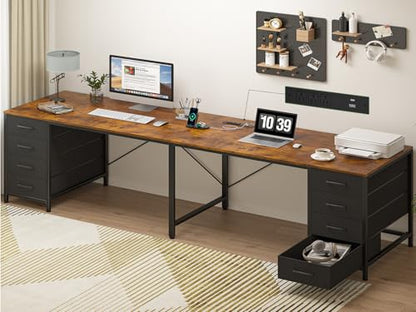 95" 2 Person Desk with 8 Drawers, Large Writing Home Office Desks with Outlets, I Shaped Workstation Double Desk Drawer Organizers (Rustic)