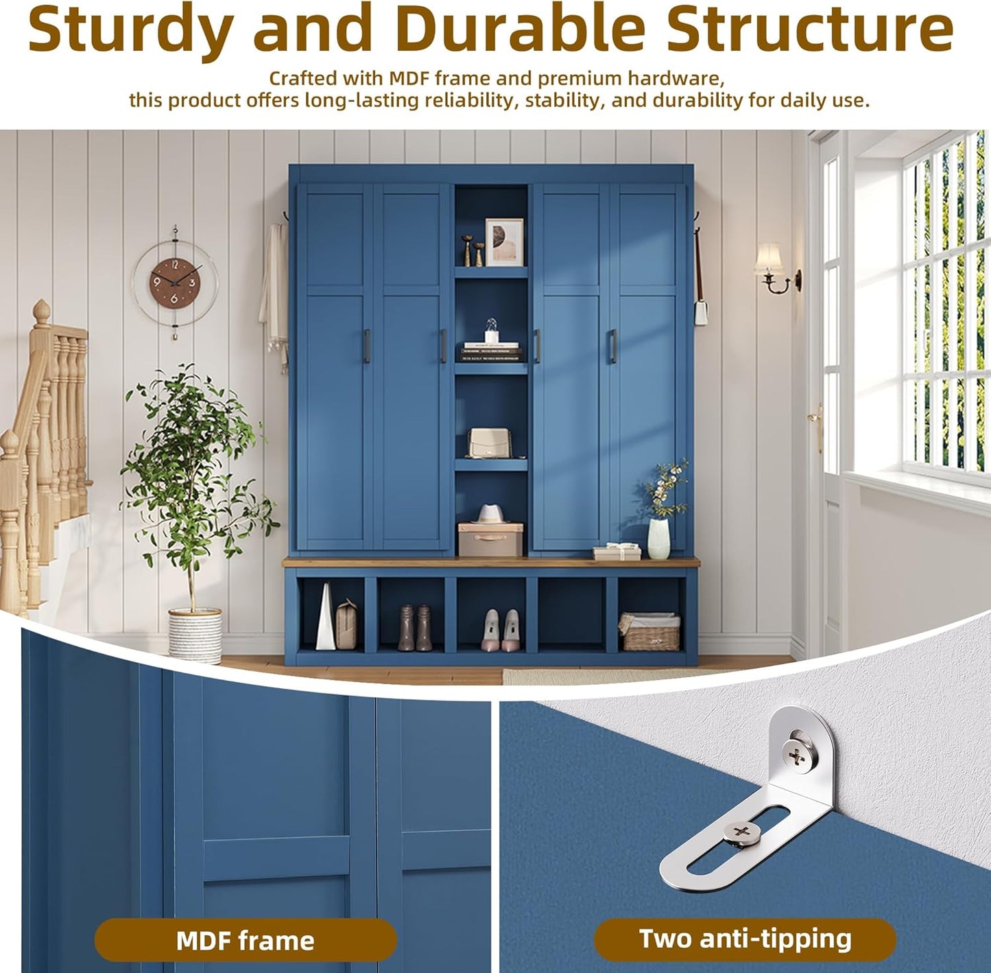 Modern Farmhouse Hall Tree with Bench, 4-In-1 Entryway Storage Cabinet & Shoe Organizer with Hooks, Blue