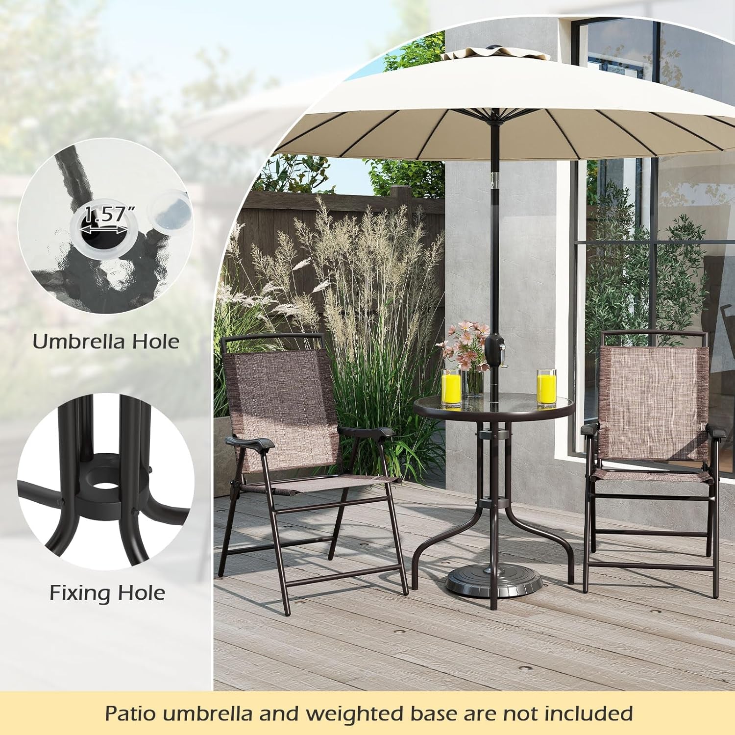 Bistro Table and Chairs Set of 2, Outdoor 3 Piece Patio Bistro Set with 1.57” Umbrella Hole, Tempered Glass Tabletop, 2 Folding Chairs, Small Patio Furniture Dining Set for Garden, Balcony
