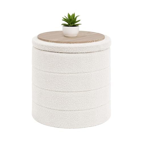 Ottoman with Stroage, Round Sherpa Storage Ottoman Stool, Boucle Foot Rest 16.9"x16.9"x17.7"（White