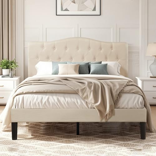 Queen Size Platform Bed Frame with Fabric Upholstered Headboard and Wooden, view 6