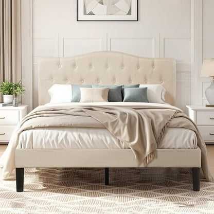 Queen Size Platform Bed Frame with Fabric Upholstered Headboard and Wooden, view 6