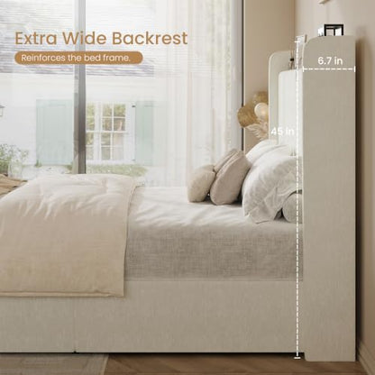 Queen Bed Frame with Chenille Storage Headboard and USB, White, view 7