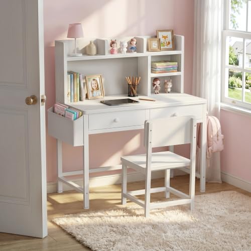 White Kids Desk with Hutch for Kids Desk and Chair Set 10-12 Year Old, view 3