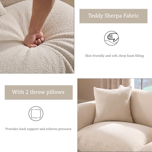 87.4" Modern Cloud Couch, 3 Seater Sherpa Sofa in a Box, Comfy Upholstered Deep Seat Loveseat with Metal Legs, Boucle Sofa Oversized Couch w/2 Pillows for Living Room Bedroom Apartment - Camel