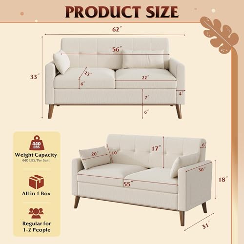 62" Loveseat Sofa, Mid Century Modern Small Couches for Living Room, Button Tufted Upholstered Couch for Bedroom, Solid Wood Frame, Easy to Install Furniture, Beige