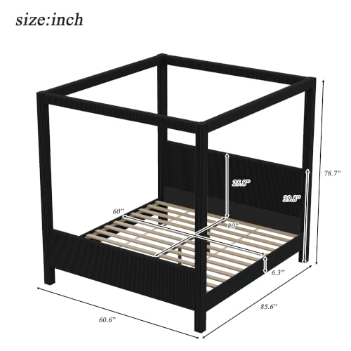 Queen Size Upholstered Canopy Bed with Padded Headboard & Footboard, Black, view 3