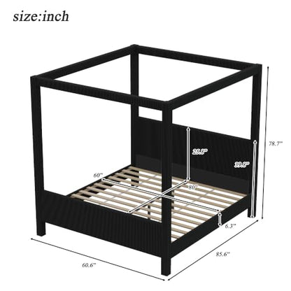 Queen Size Upholstered Canopy Bed with Padded Headboard & Footboard, Black, view 3