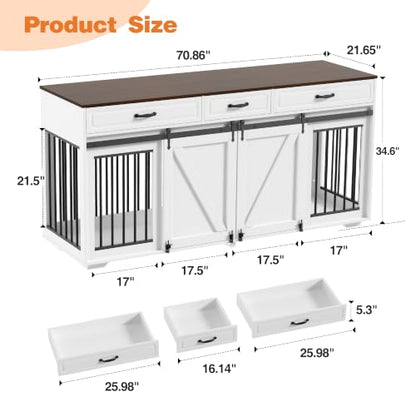 71 in Dog Crate Furniture for Dogs with 3 Storage Drawers White, view 6