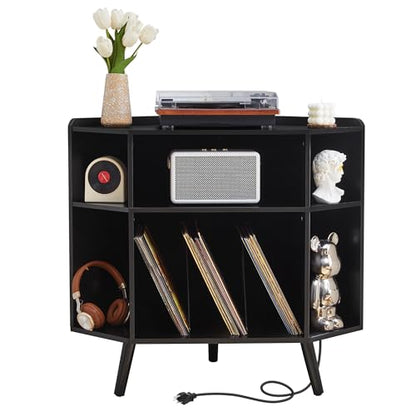 Corner Record Player Stand with Charging Station & USB Ports, view 2