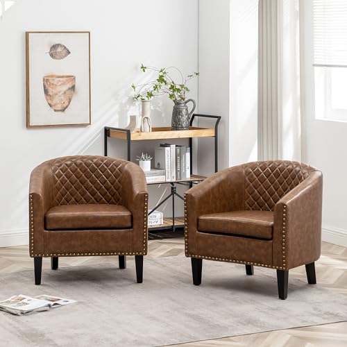 29" W Faux Leather Barrel Chairs Set of 2, Modern PU Upholstered Tufted Club Chairs with Nailhead Trim, Small Armchairs Accent Chairs for Living Room Bedroom Apartment Lounge Nursery, Coffee