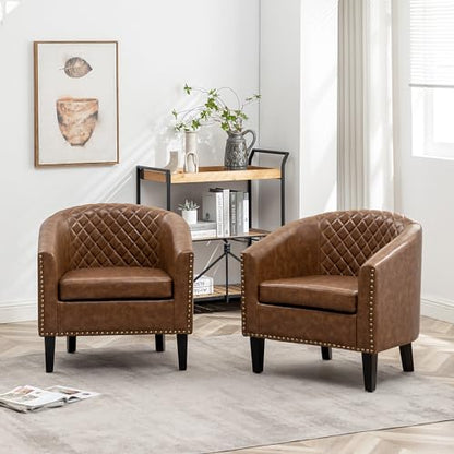 29" W Faux Leather Barrel Chairs Set of 2, Modern PU Upholstered Tufted Club Chairs with Nailhead Trim, Small Armchairs Accent Chairs for Living Room Bedroom Apartment Lounge Nursery, Coffee