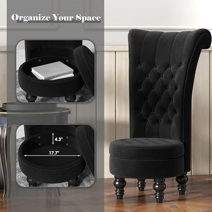 High Back Throne Royal Chair, Retro Armless Chair with Storage, Velvet Furniture Chair, Upholstered Tufted Accent Seat for Living Room, Bedroom, Black