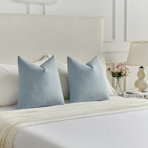 Pack of 2 Chenille Decorative Throw Pillow Covers 18x18 Inch,Soft Cozy Faux Linen Textured Cushion Case,Farmhouse Home Decor for Couch Living Room,Denim Blue