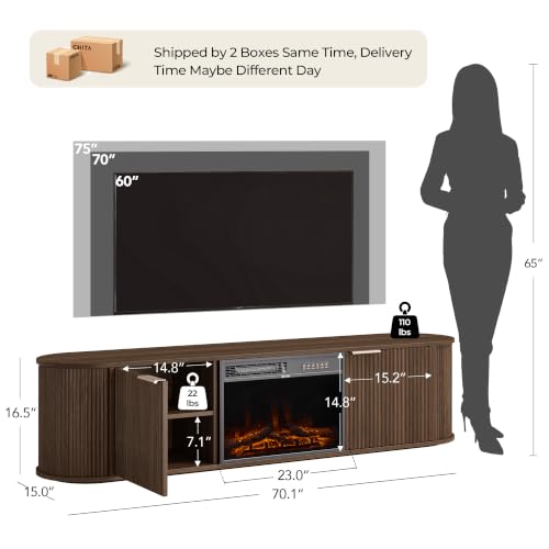 CHITA 70" Fireplace TV Stand with 23" Fireplace for TVs Up to 80", Walnut, view 3