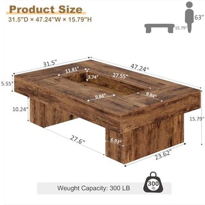 Rustic Coffee Table, Large Wood Living Room Table with Storage, Modern Long Rectangle Led Center Table, Farmhouse Unique Low Wide Tea Table with LED Light for Home Office, 47.24 in, Rustic Brown